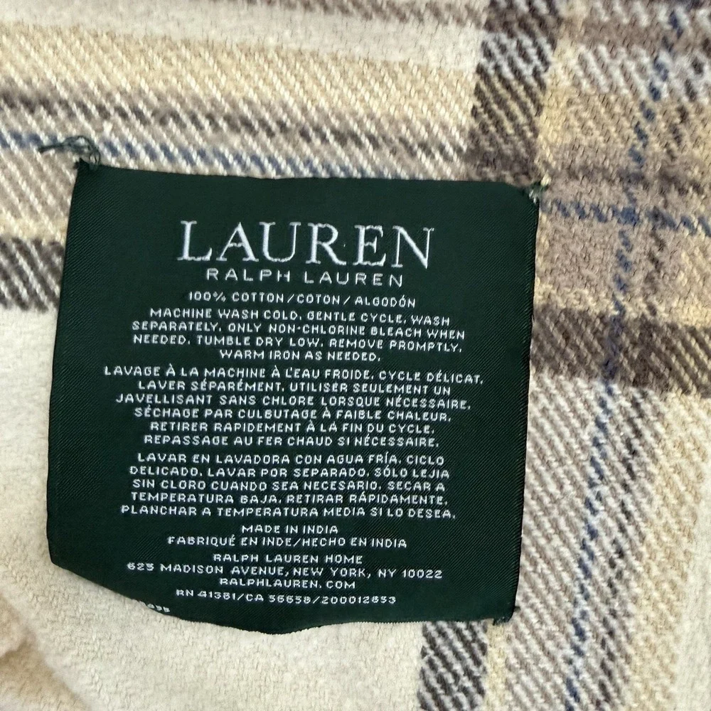 Lauren Ralph Lauren Plaid Tartan Throw Blanket Cream  100% Cotton 52 x 66 LRL